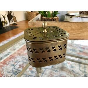 Vintage Rounded Square Brass Trinket Box Stamped Metal Heart Cutouts